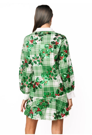 QOS White & Green Plaid Holly Button Up Ruffle Dress