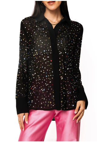 QOS Black Multi Rhinestone Button Up Top