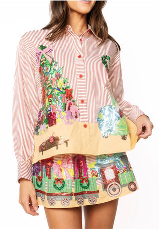 QOS Red Striped Christmas Scene Cotton Top
