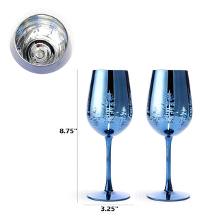 Crystal Christmas Tree Stemmed Wine Water Glasses Set Of 2 Holiday Themed Vibrant Blue Etched Winter