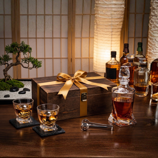 Japanese Crystal Whiskey Decanter Set In Wooden Storage Box Premium Barware Gift