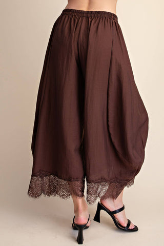 Brown Cropped Lace Trim Balloon Pant