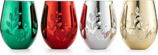 Etched Multicolor Christmas Wine Glass Tumblers Glasses Set Of 4 Red Green Yellow Silver Perfect For