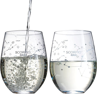 Set Of 2 Zodiac Sign Wine Glasses With 2 Wooden Coasters By Astrology Drinking Glass
