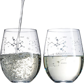 Set Of 2 Zodiac Sign Wine Glasses With 2 Wooden Coasters By Astrology Drinking Glass