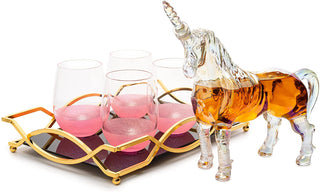 Iridescent Unicorn Wine Whiskey Decanter Set 750ML With 4 Pink Sparkle Glasses For Wine Whiskey Scot