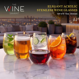 European Style Unbreakable Elegant Acrylic Stemless Wine Glasses 15 Oz Set Of 6 100 Tritan Shatterpr