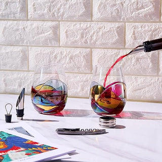 Painted Stemmless Wine Glass Box Set Opener Stopper Drip Ring Wine Pourer 2 Glasses