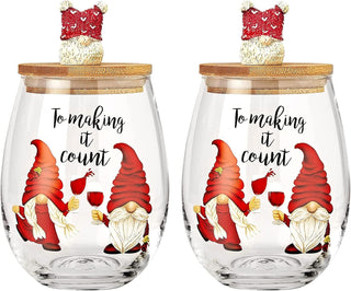 Christmas Gnome Wine Water Glasses With Dwarf Wood Cover Set Of 2 17 5OZ Santa Holiday Festive Gnome