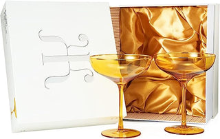 Colored Sunset Yellow Gilded Rim Coupe Glass 9OZ Cocktail Champagne Glasses 2 Set Vibrant Color Gold