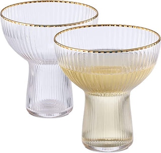 Ribbed Stemless Margarita Glasses With Gold Rim Set Of 2 Hand Blown Luxury Coupe Cocktail Martini Ch
