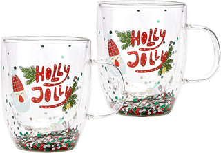 Set Of 2 Holly Jolly Christmas Design Tumbler Mugs Confetti Filled 9 5 Oz Decorated Christmas Glass
