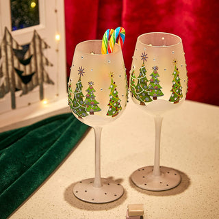 Set Of 2 Stemmed Christmas Tree Design Wine Glasses Hand Painted 14 Oz Decorated Christmas Tree Glas