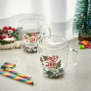 Set Of 2 Holly Jolly Christmas Design Tumbler Mugs Confetti Filled 9 5 Oz Decorated Christmas Glass