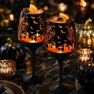 Crystal Halloween Stemmed Wine Glasses Set Of 2 Themed Vibrant Black Gold Etched Spooky Graveyard Pa