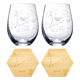 Set Of 2 Zodiac Sign Wine Glasses With 2 Wooden Coasters By Astrology Drinking Glass