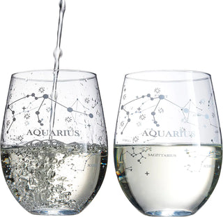 Set Of 2 Zodiac Sign Wine Glasses With 2 Wooden Coasters By Astrology Drinking Glass