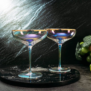 Iridescent Colored Gilded Rim Coupe Glass 2 Set Large 9OZ Rainbow Cocktail Champagne Luster Pearl Gl