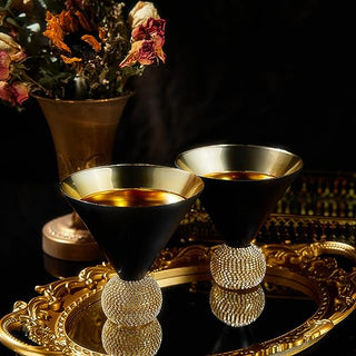 Diamond Studded Martini Glasses Set Of 2 Black Gold Rimmed Modern Cocktail Glass Rhi