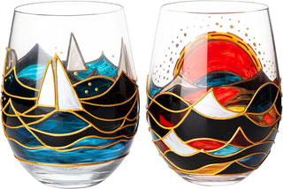 Artisanal Hand Painted Stemless Sailboat With Sunrise Set Of 2 Wine Glasses 2 Set Of