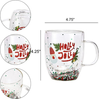 Set Of 2 Holly Jolly Christmas Design Tumbler Mugs Confetti Filled 9 5 Oz Decorated Christmas Glass
