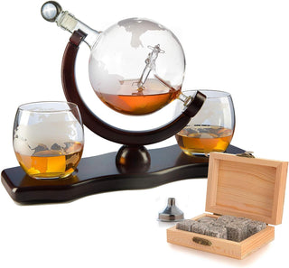 Etched World Decanter Whiskey Globe Antique Airplane 850ML Whiskey Stones And 2 Worl