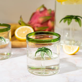 Palm Tree Pitcher Mexican Glassware Set With 4 Green Rim Palm Tree Glasses 9OZ By El