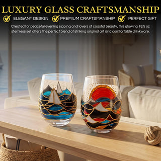Artisanal Hand Painted Stemless Sailboat With Sunrise Set Of 2 Wine Glasses 2 Set Of
