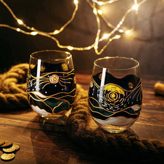 Artisanal Hand Painted Stemless Van Gogh Set Of 2 Wine Glasses 2 Set Of Tumblers Art