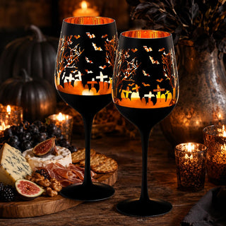 Crystal Halloween Stemmed Wine Glasses Set Of 2 Themed Vibrant Black Gold Etched Spooky Graveyard Pa