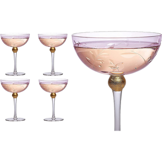 Pallo Tinted Pink Glass Crystal Champagne Saucers 9OZ Set Of 4 By Prosecco Flower De