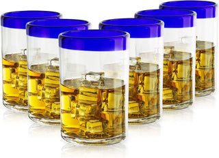 Hand Blown Mexican Drinking Glasses With Cobalt Blue Rims Premium Barware Gift