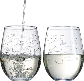 Set Of 2 Zodiac Sign Wine Glasses With 2 Wooden Coasters By Astrology Drinking Glass