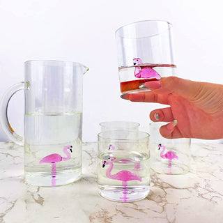 Flamingo Pitcher 4 Glasses Set Decanter With 4 Pink Flamingo Glasses 9OZ By Elegant