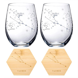 Set Of 2 Zodiac Sign Wine Glasses With 2 Wooden Coasters By Astrology Drinking Glass