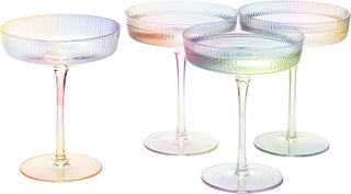 Set Of 4 Ripple Ribbed Champagne Coupe Iridescent Colored Glasses By Prosecco Mimosa