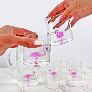 Flamingo Pitcher 4 Glasses Set Decanter With 4 Pink Flamingo Glasses 9OZ By Elegant