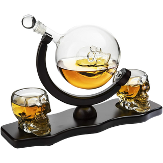 Skull Skeleton Wine Whiskey Globe Decanter Set 850 Ml With 2 Skull Head 3OZ Skeletons Shot Glasses M