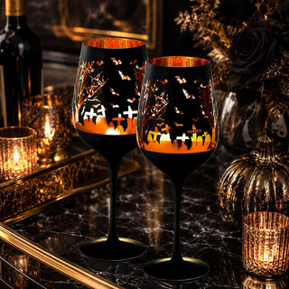 Crystal Halloween Stemmed Wine Glasses Set Of 2 Themed Vibrant Black Gold Etched Spooky Graveyard Pa