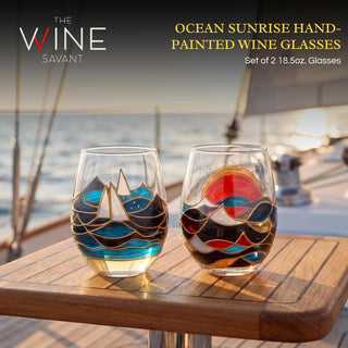 Artisanal Hand Painted Stemless Sailboat With Sunrise Set Of 2 Wine Glasses 2 Set Of