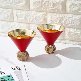 Diamond Studded Martini Glasses Set Of 2 Matte Red Gold Modern Cocktail Glass Rhines