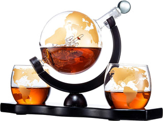 Gold Etched Whiskey Decanter Set Globe With 2 Gold Etched Globe Whisky Glasses Perfect For A Birthda