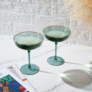 Colored Green Gilded Rim Wine Glassware Large 9OZ Cocktail Champagne Glasses 2 Set Vibrant Color Gol
