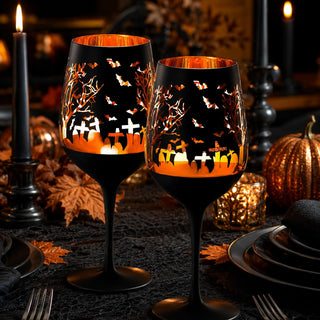 Crystal Halloween Stemmed Wine Glasses Set Of 2 Themed Vibrant Black Gold Etched Spooky Graveyard Pa