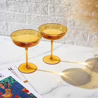 Colored Sunset Yellow Gilded Rim Coupe Glass 9OZ Cocktail Champagne Glasses 2 Set Vibrant Color Gold