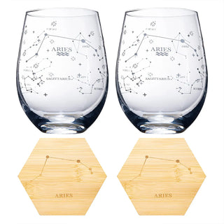 Set Of 2 Zodiac Sign Wine Glasses With 2 Wooden Coasters By Astrology Drinking Glass
