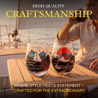 Artisanal Hand Painted Stemless Sailboat With Sunrise Set Of 2 Wine Glasses 2 Set Of