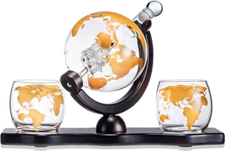 Gold Etched Whiskey Decanter Set Globe With 2 Gold Etched Globe Whisky Glasses Perfect For A Birthda