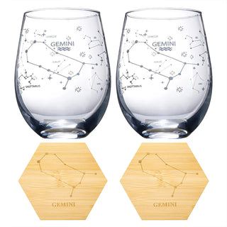 Set Of 2 Zodiac Sign Wine Glasses With 2 Wooden Coasters By Astrology Drinking Glass