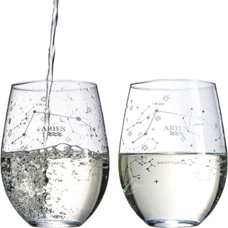 Set Of 2 Zodiac Sign Wine Glasses With 2 Wooden Coasters By Astrology Drinking Glass